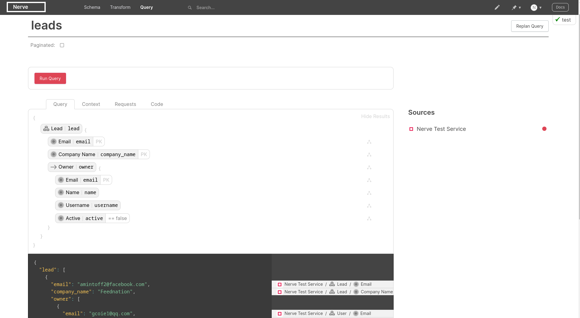 An image of a browser window showing the Nerve query builder.